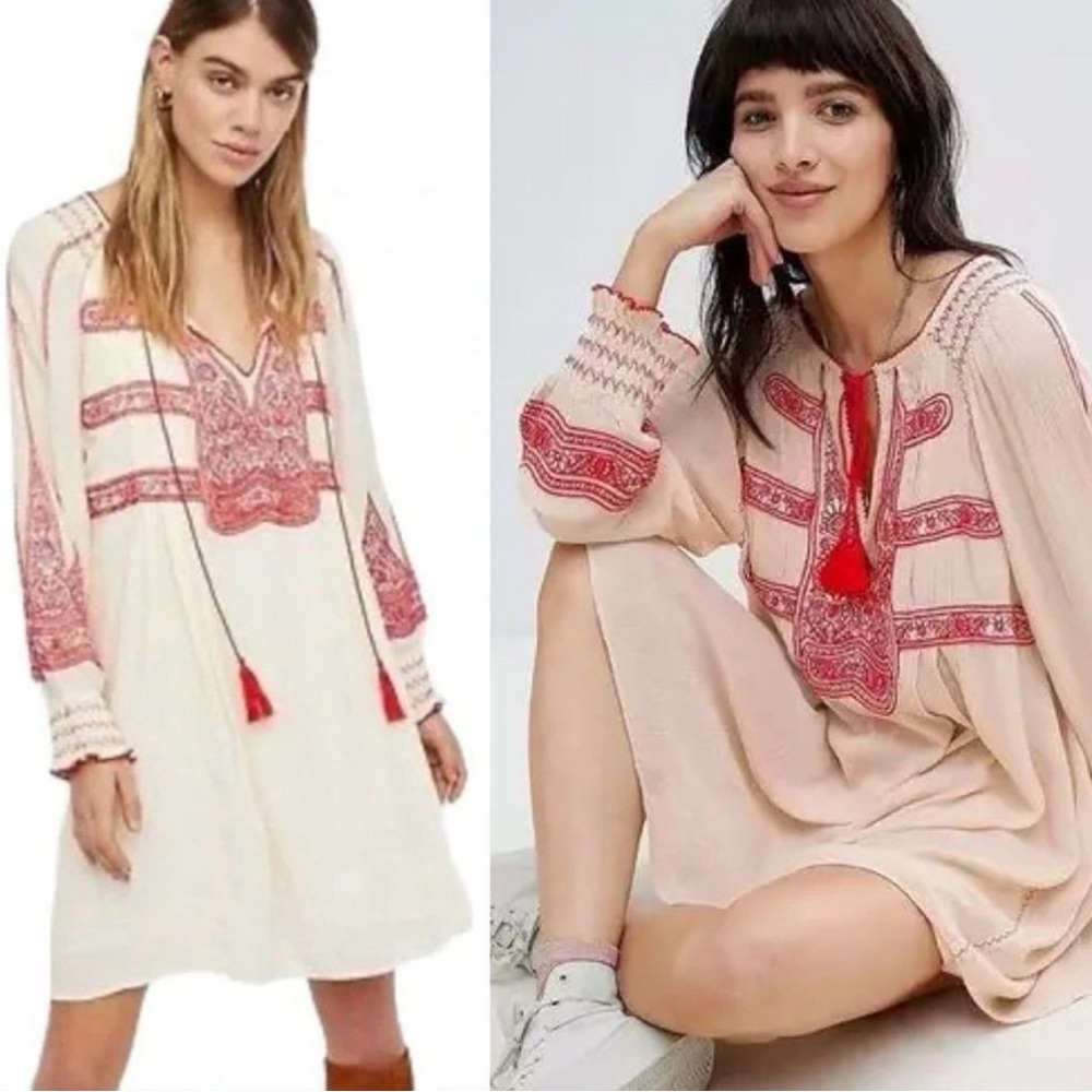 Free People Cream Mini Dress with Red Embroidered Detail
